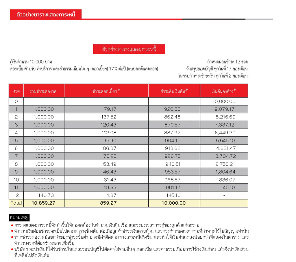 ตัวอย่างตารางแสดงภาระหนี้ Benefit plus